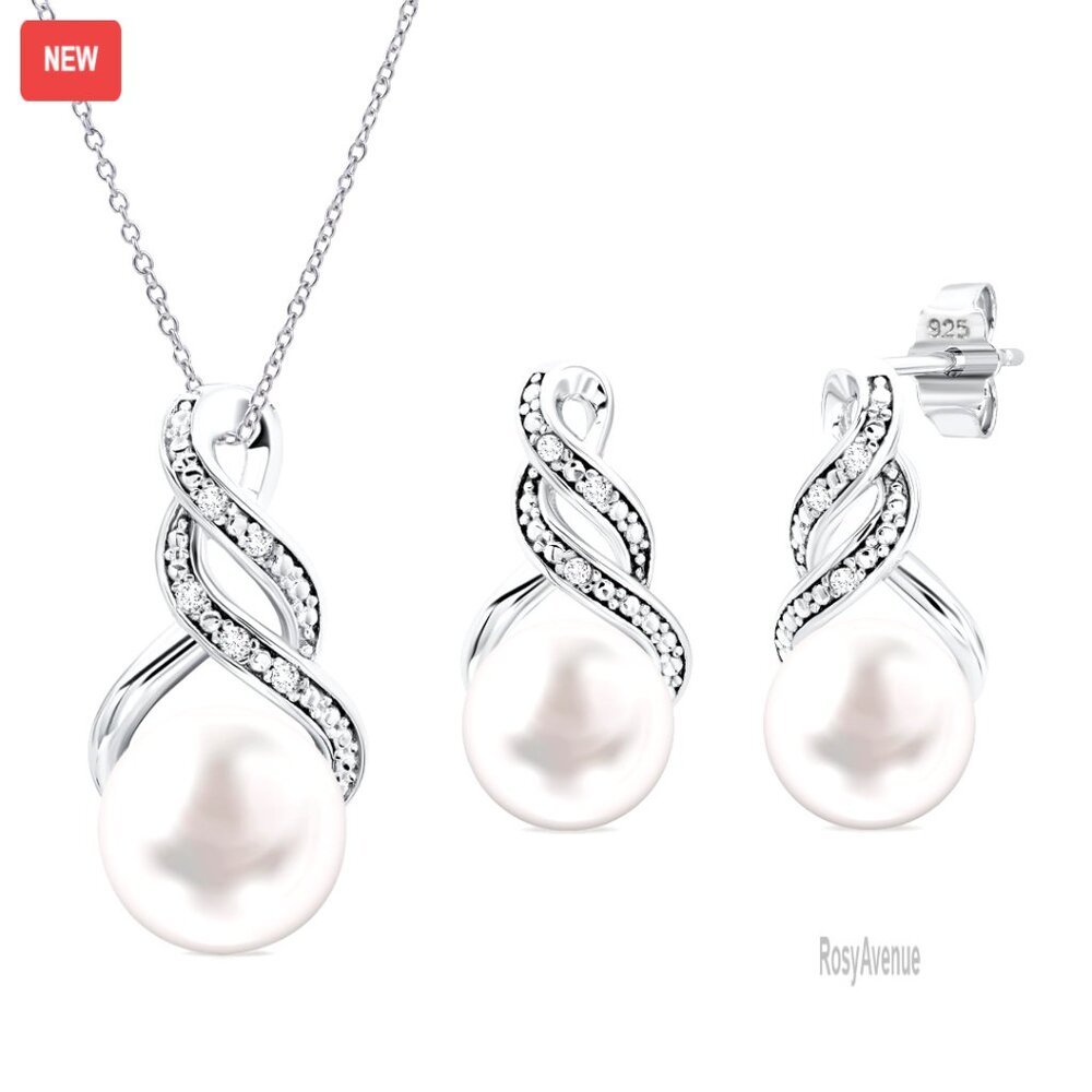 Sterling Silver Pearl Diamond Necklace Earring Set 18 Inch Chain Bridal